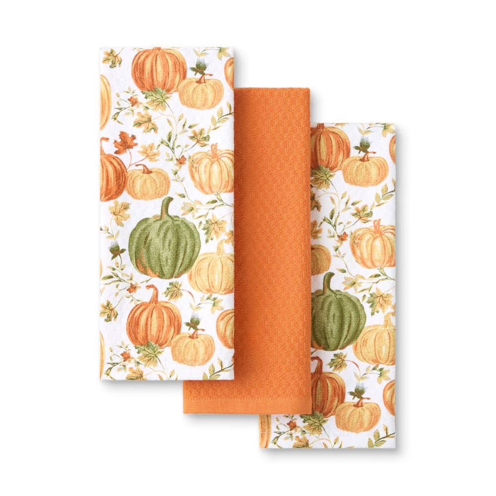 Autumn Harvest Pumpkins Orange Cotton Kitchen Towel Set 16 in. x 28 in. (3-Pack) - Hercitys