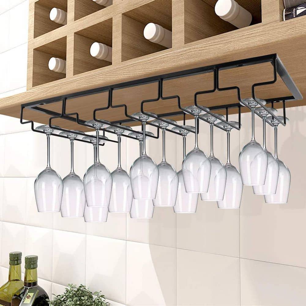 Wine Glasses Rack Under Cabinet Black Wire Glass Holder Storage Hanger for Kitchen Bar 5 Rows - Hercitys