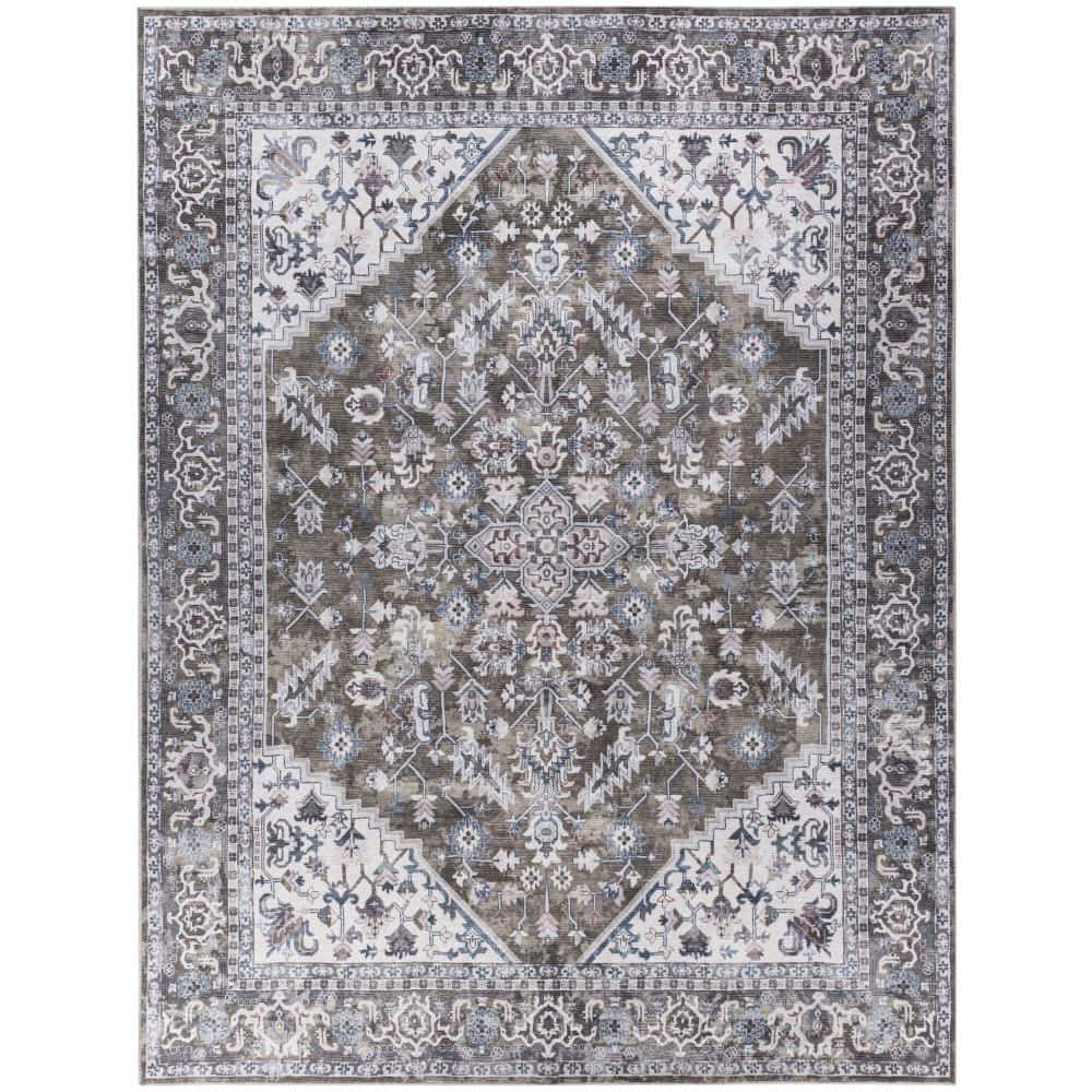 Machine Washable Series 1 Olive Ivory 9 ft. x 12 ft. Distressed Traditional Area Rug - Hercitys