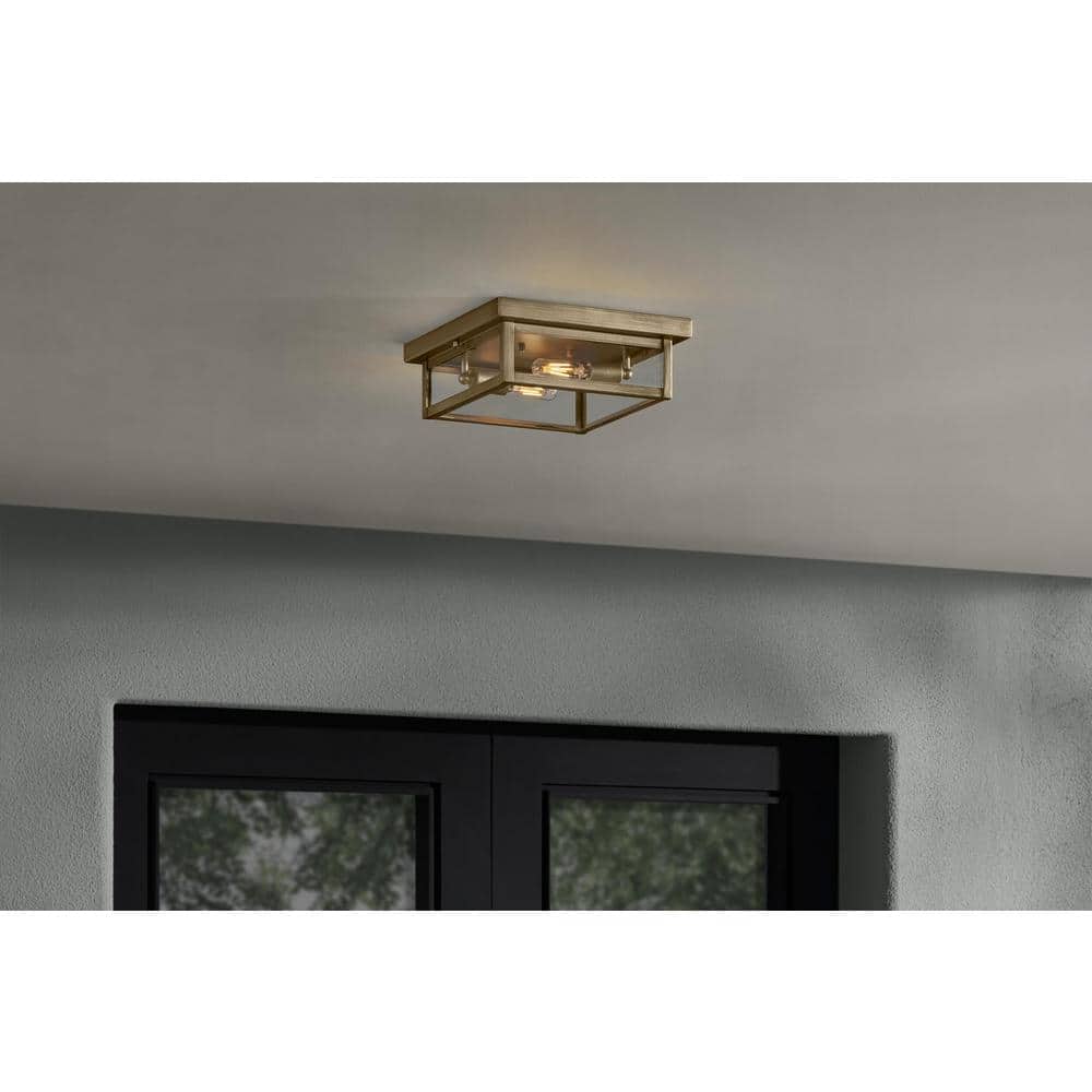 Porter Hills 2-Light Vintage Brass Outdoor Flush Mount Ceiling Light with Clear Glass, No Bulbs Included - Hercitys