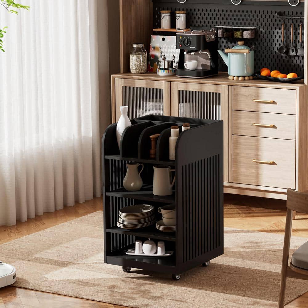 Black Wood 17.72 in. Kitchen Island Kitchen Cart Small Snack Cabinet with Locking Casters and 6-Shelf - Hercitys