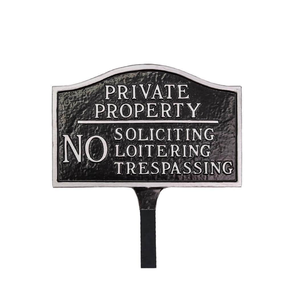 Private Property, No Soliciting, No Loitering Standard Statement Plaque with Lawn Stakes – Black/Silver - Hercitys