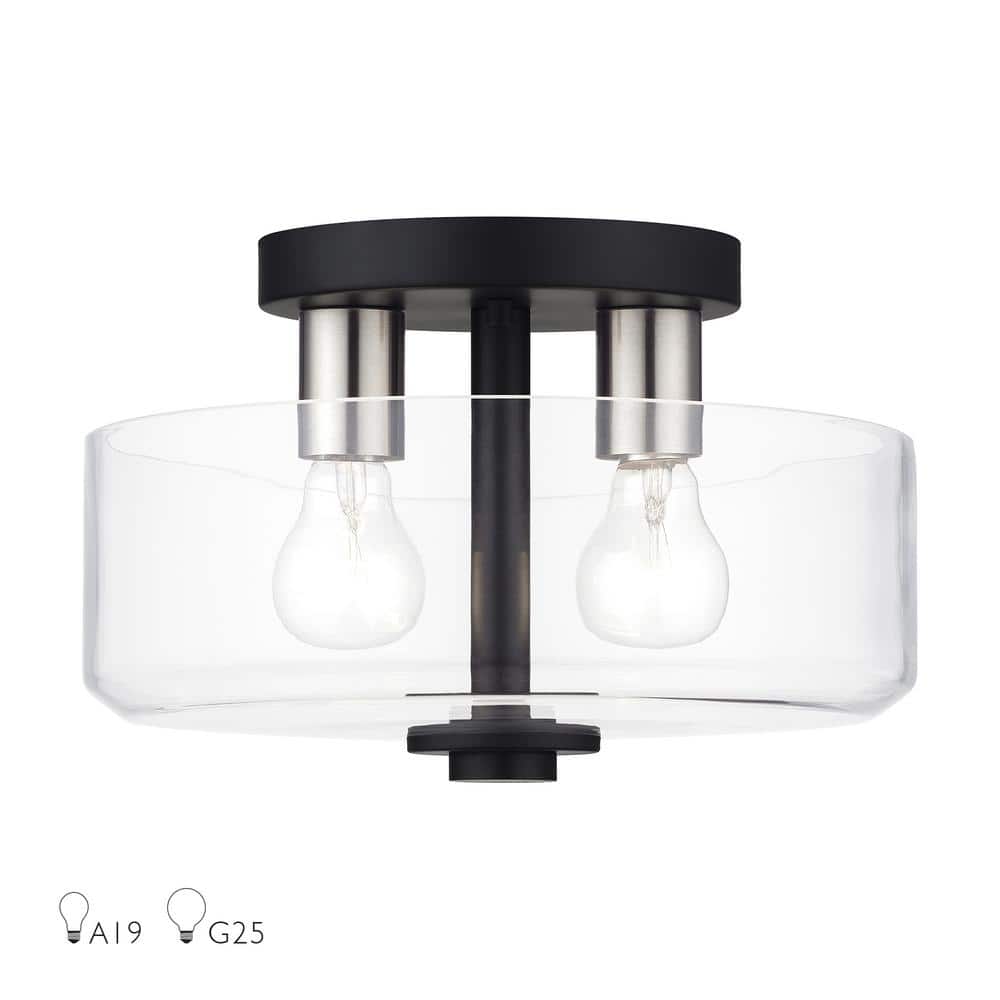 Whitworth 12.25 in. 2-Light Black Semi Flush Mount with White Clear Glass - Hercitys