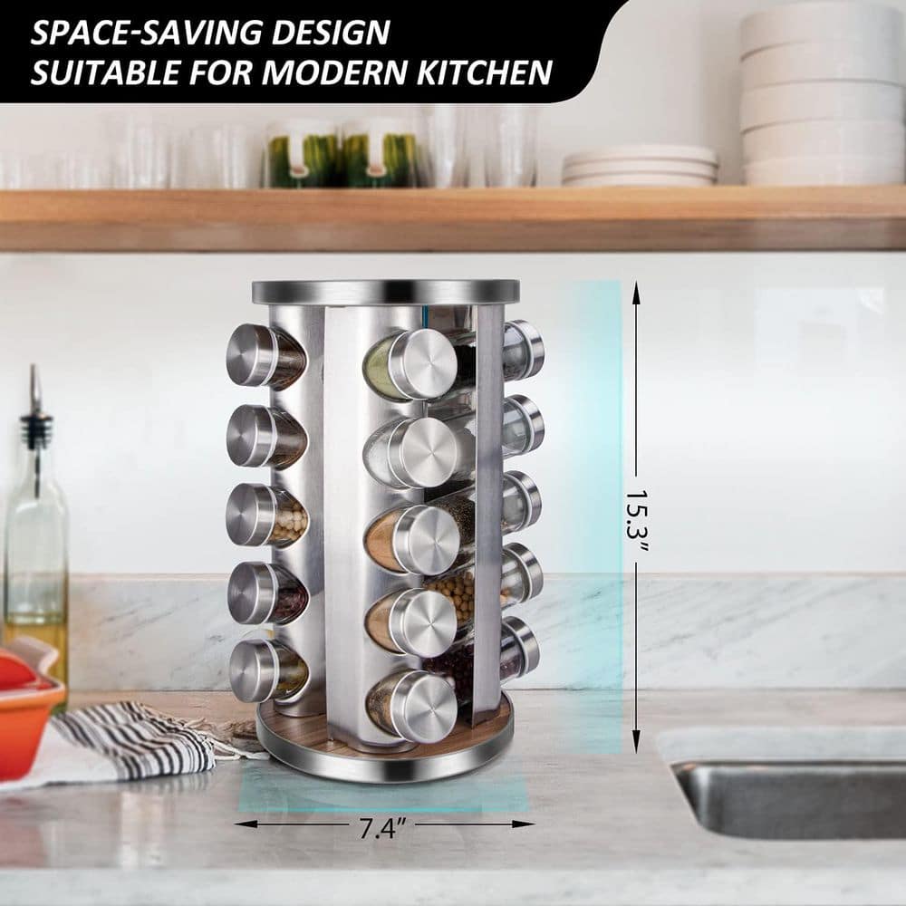 Rotating Spice Rack Organizer 20 Jars Stainless Steel Finish for Cabinet Countertop Seasoning Storage - Hercitys