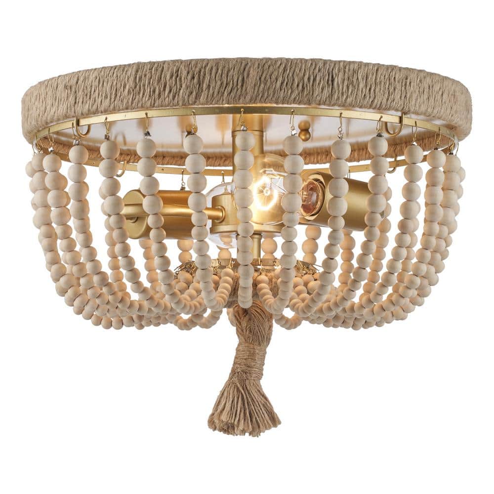 Taylan 14 in. 2-Light Antique Gold Flush Mount Ceiling Light Fixture with Jute Rope and Wood Beaded Shade - Hercitys
