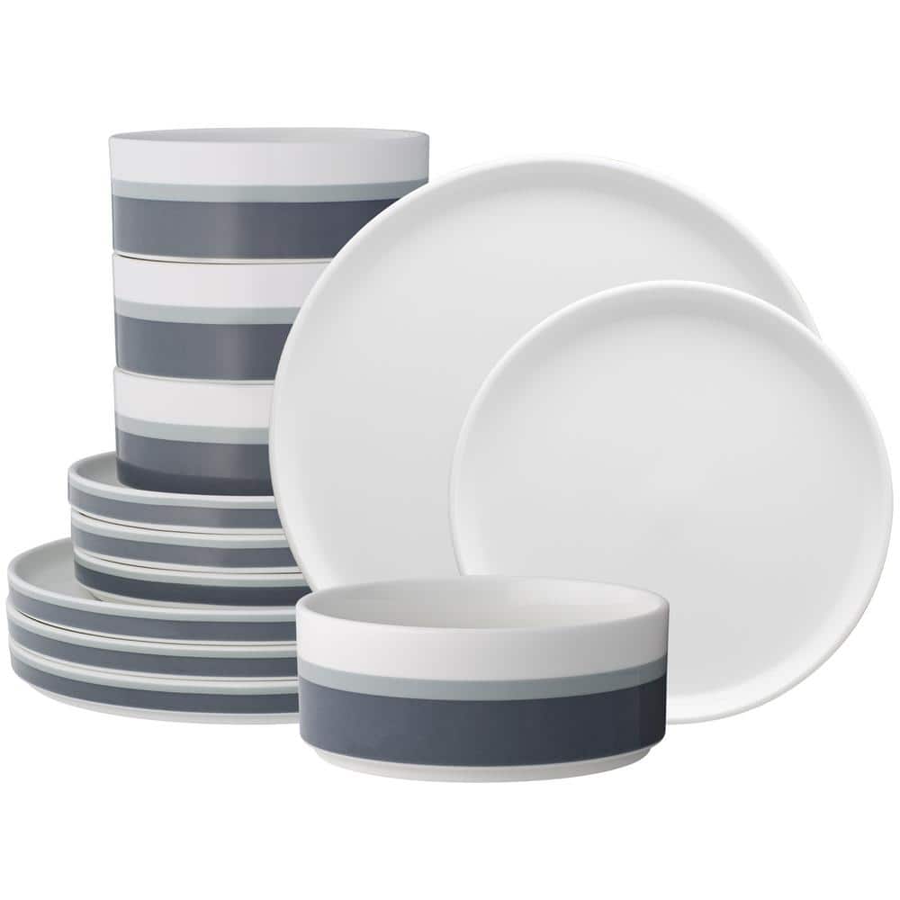 ColorStax Stripe Grey Porcelain Stax 12-Piece Dinnerware Set Service for 4 - Hercitys