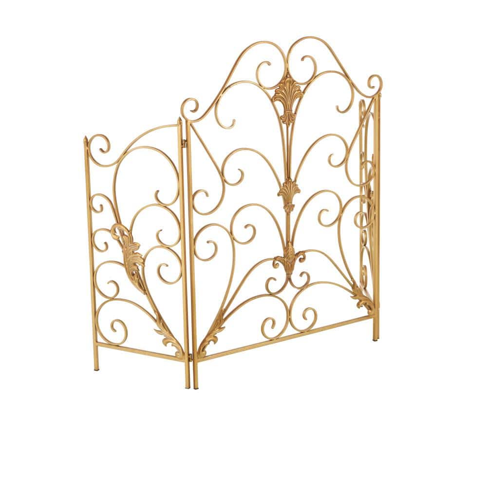 Gold Metal Scroll Foldable 3-Panel Fireplace Screen with Fleur De Lis Accents - Hercitys