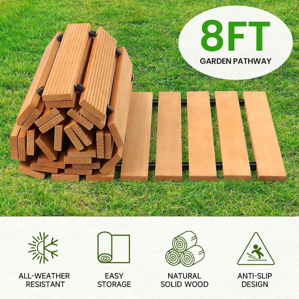 8 ft. Wooden Garden Pathway with Non-Slip Surface, Decorative Boardwalk for Outdoor Use - Hercitys