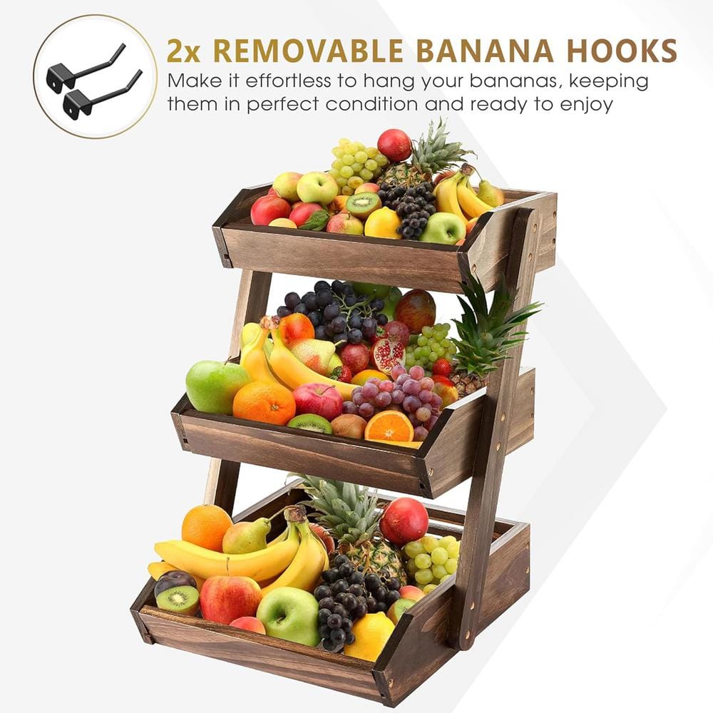 Multifunctional  3-Tier Fruit Basket with Banana Hook  and  Large Capacity in Brown Wood - Hercitys