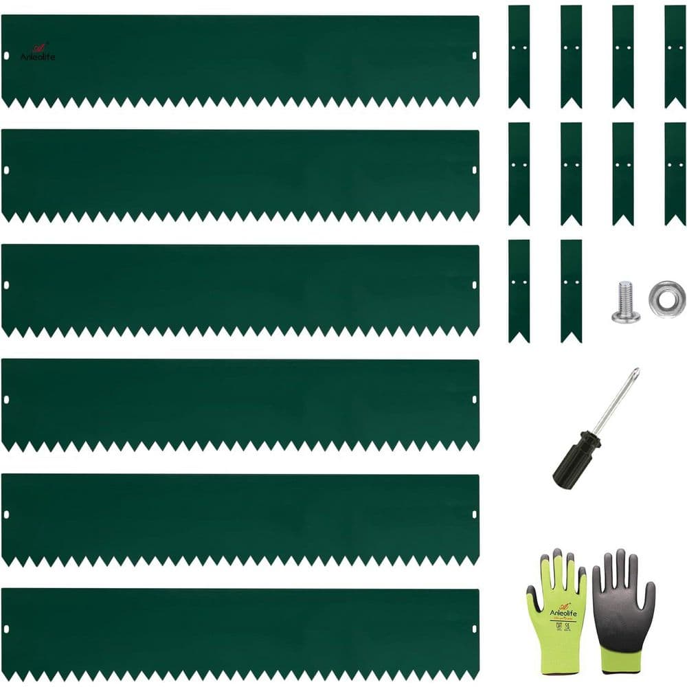 6 Pack 40 in. L x 8 in. H Green Steel Garden Landscape Edging for Straight/Mild Curved Lines with Gloves and 10 Stakes - Hercitys