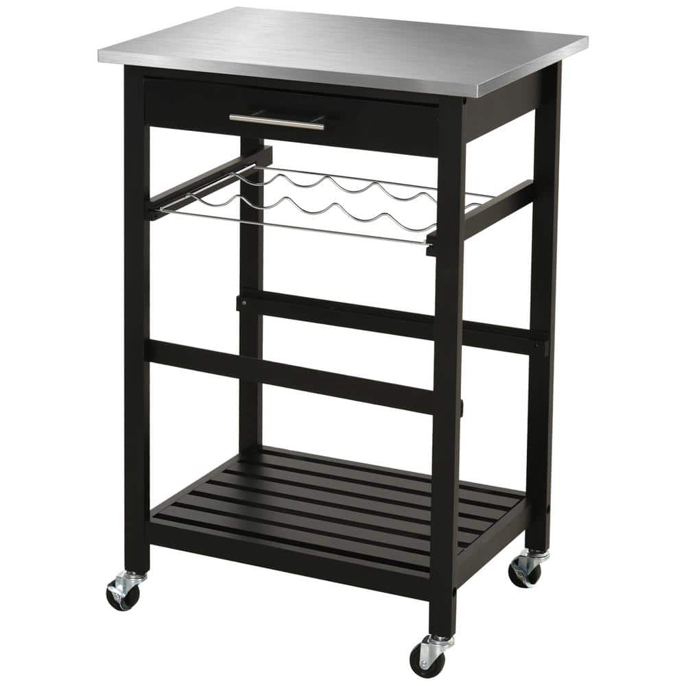 Black Stainless Steel 23.5 in. Kitchen Island with Wine Rack  and  Drawer - Hercitys