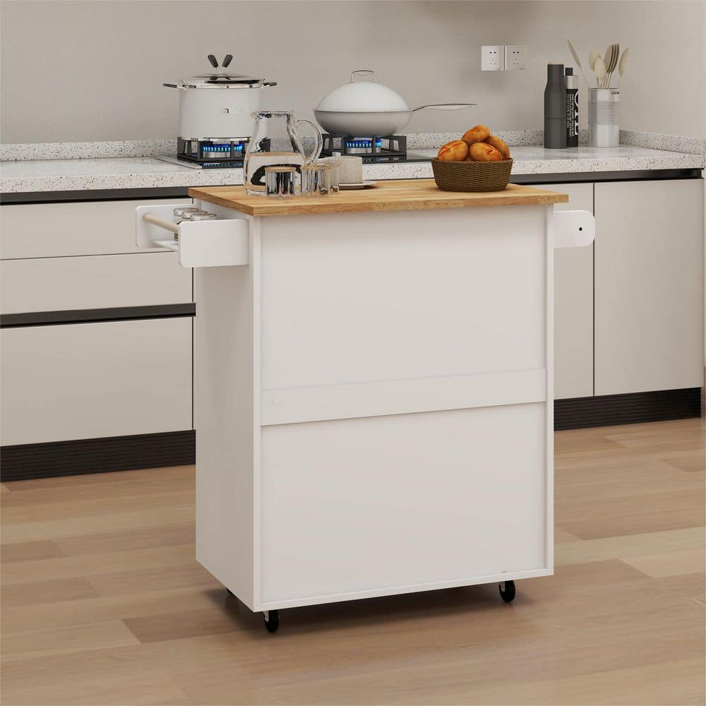 White Rubber Wood Top 37.99 in. W Kitchen Island with Adjustable Shelves and Towel Rack, Kitchen Rolling Trolley Cart - Hercitys