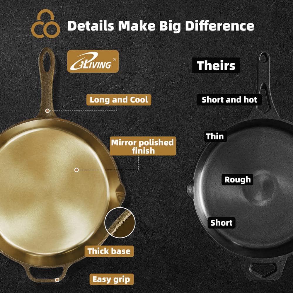 Heirloom 12 in. Cast Iron Skillet in Golden, Mirror Polished, 2 in. Wall Height, 2.7 L - Hercitys