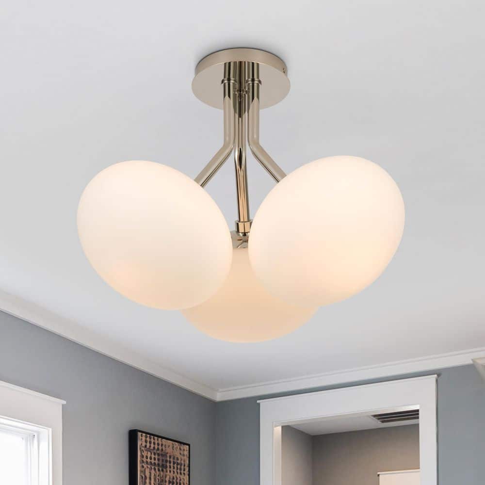 Kza 3-Light 16.9 in. W Polished Nickel Semi-Flush Mount Branch Sputnik Ceiling Light with Oval Opal Glass for Kitchen - Hercitys