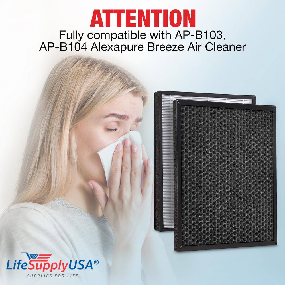 Replacement Set (1-True HEPA Air Filter plus 1-Carbon Pre-Filter) Compatible w/ Alexapure AP-B103, AP-B104 Breze - Hercitys