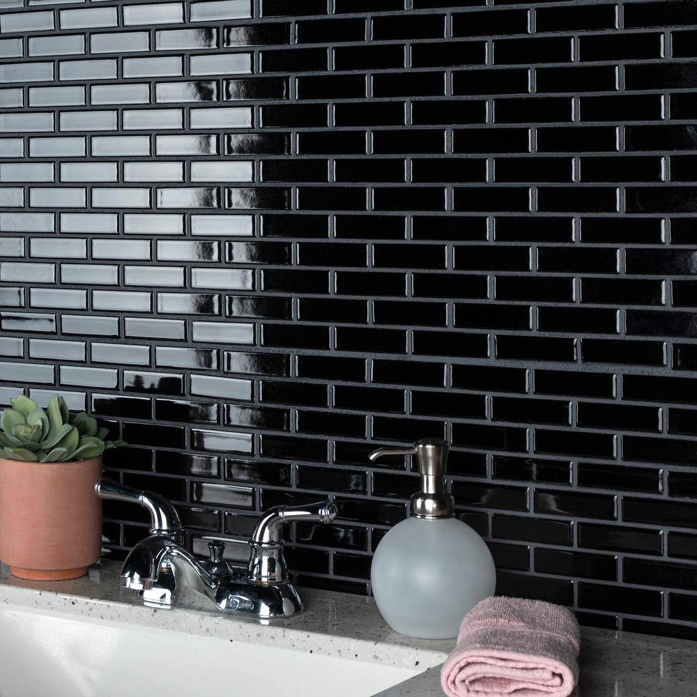 Metro Brick Subway Glossy Black 11-1/2 in. x 11-3/4 in. Porcelain Mosaic Tile (9.6 sq. ft./Case) - Hercitys