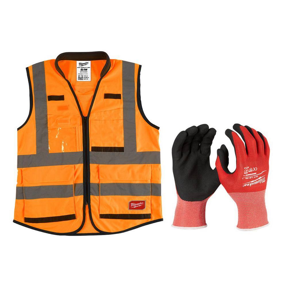 Premium Small/Medium Orange Class 2-High Vis Safety Vest and Medium Red Nitrile Level 1 Cut Resistant Dipped Work Gloves - Hercitys
