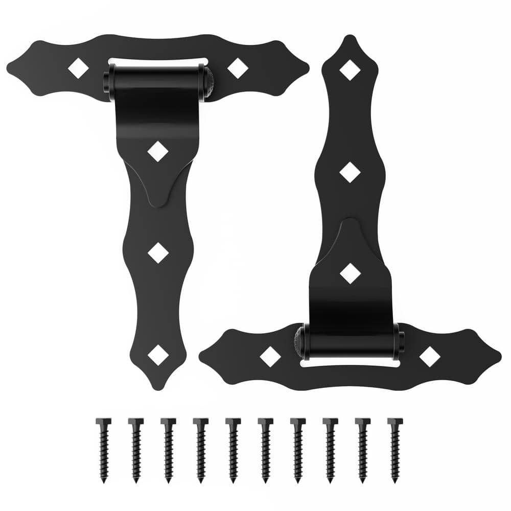 8.6 in. x 7.5 in. Black T-Strap Heavy-Duty Gate Hinges Wrought Hardware with Screws (2-Pack) - Hercitys