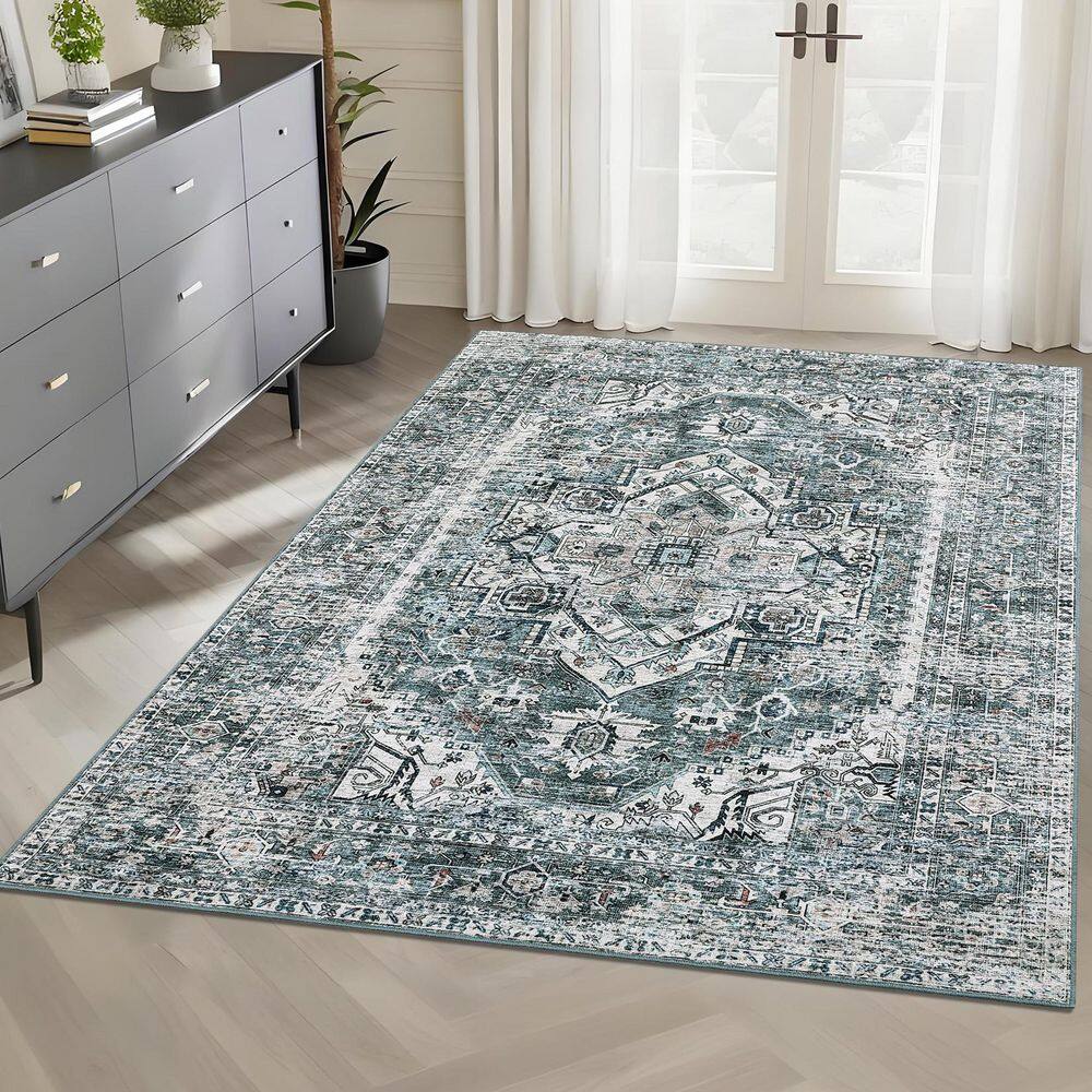 Vintage Printed Carpet Soft Thin Interior Decoration for Bedroom Living Room Kitchen Blue Green 5 ft. x 7 ft. Area Rug - Hercitys