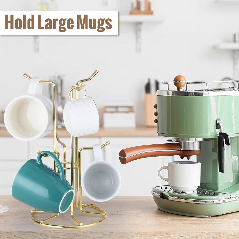 Mug Holder for Large Cups for Counter with 6 Hooks, Free Standing Mug Rack in Gold - Hercitys