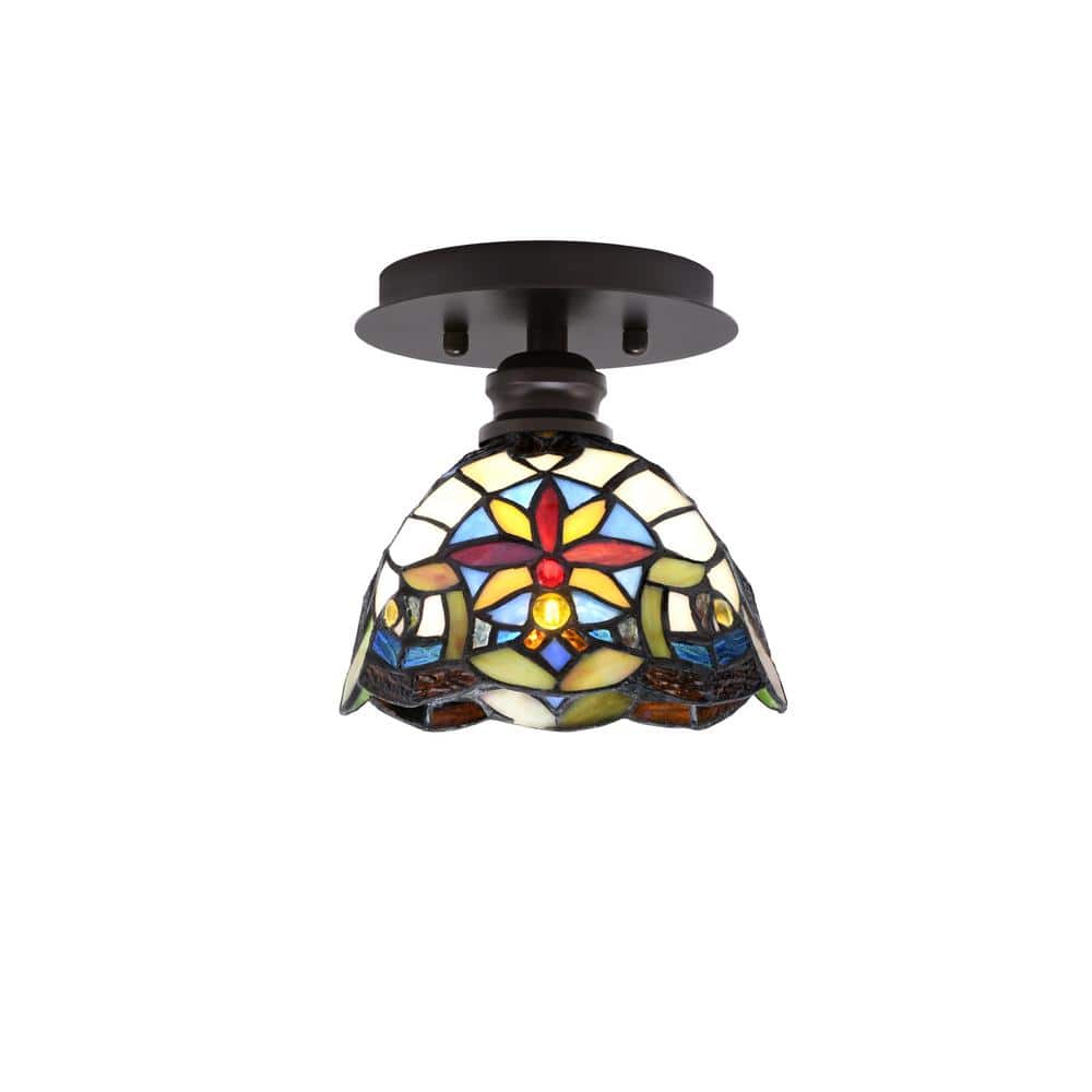 Albany 1-Light 7 in. Espresso Semi-Flush with Earth Star Art Glass Shade - Hercitys