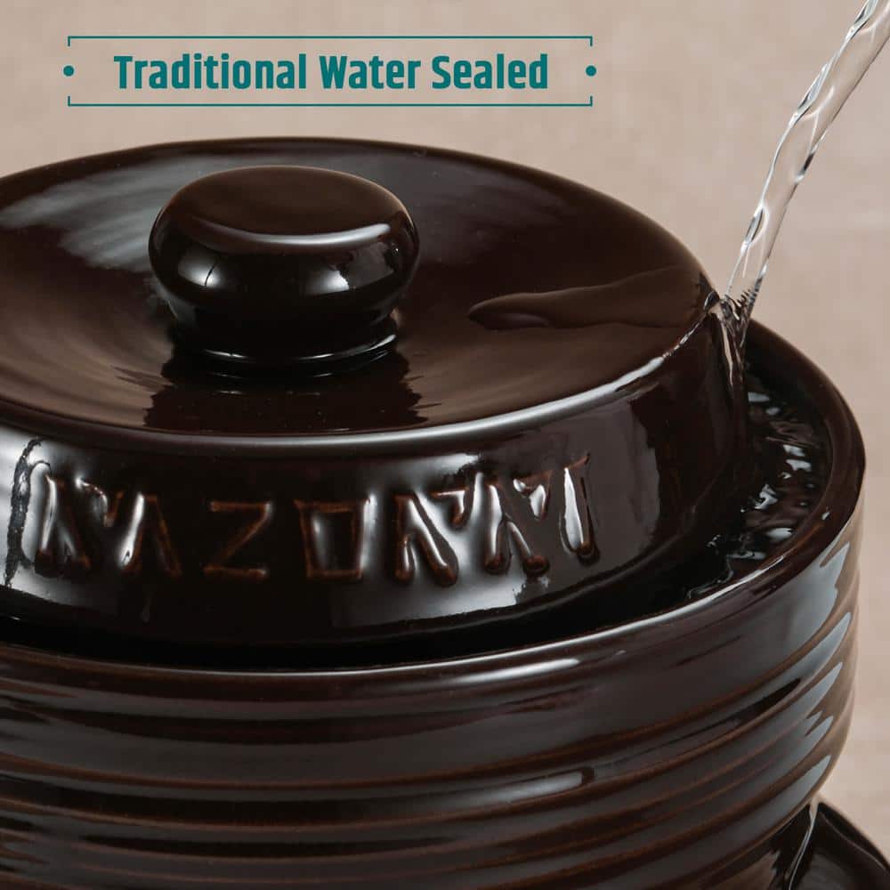 Comodo Ceramic Fermentation Crock -2 Liter (0.5 Gal.) Traditional Water-Sealed Jar with Glazed Weights -Umber Brown - Hercitys