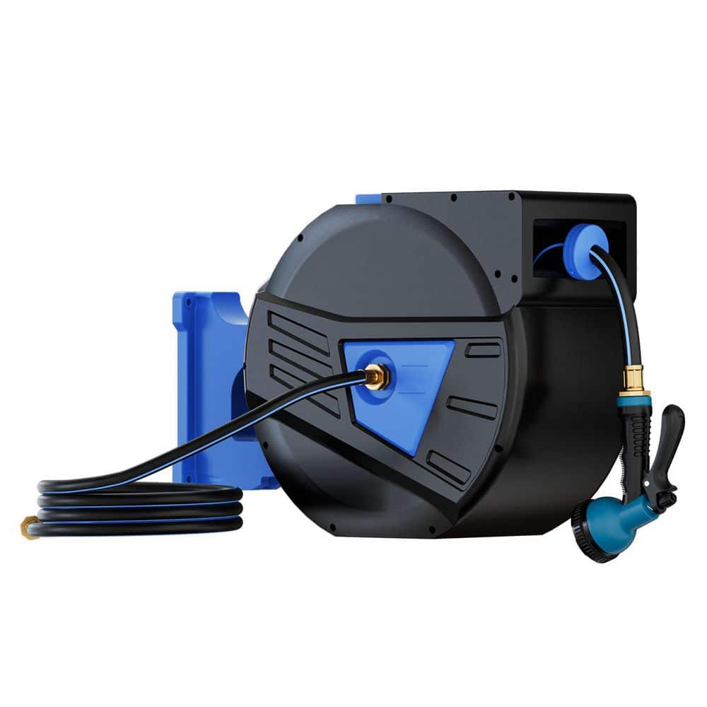 Retractable Hose Reel 1/2 in.-130 ft. Garden Water Hose Reel Wall Mounted Hose Storage 180° Swivel Bracket Blue - Hercitys