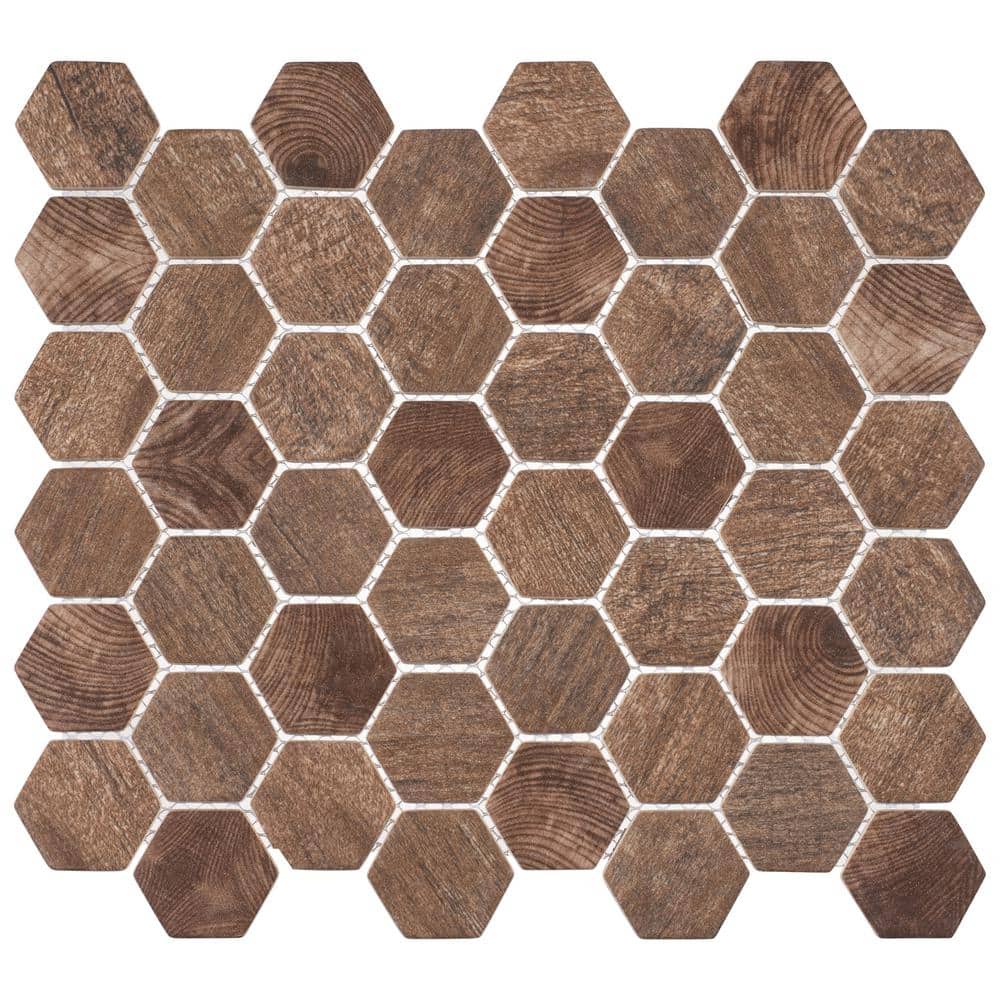 Terrain Cherri Brown 2-in. Hexagon Honeycomb Wood Look Matte Glass Wall and Floor Mosaic Tile (5 sq. ft./Case) - Hercitys