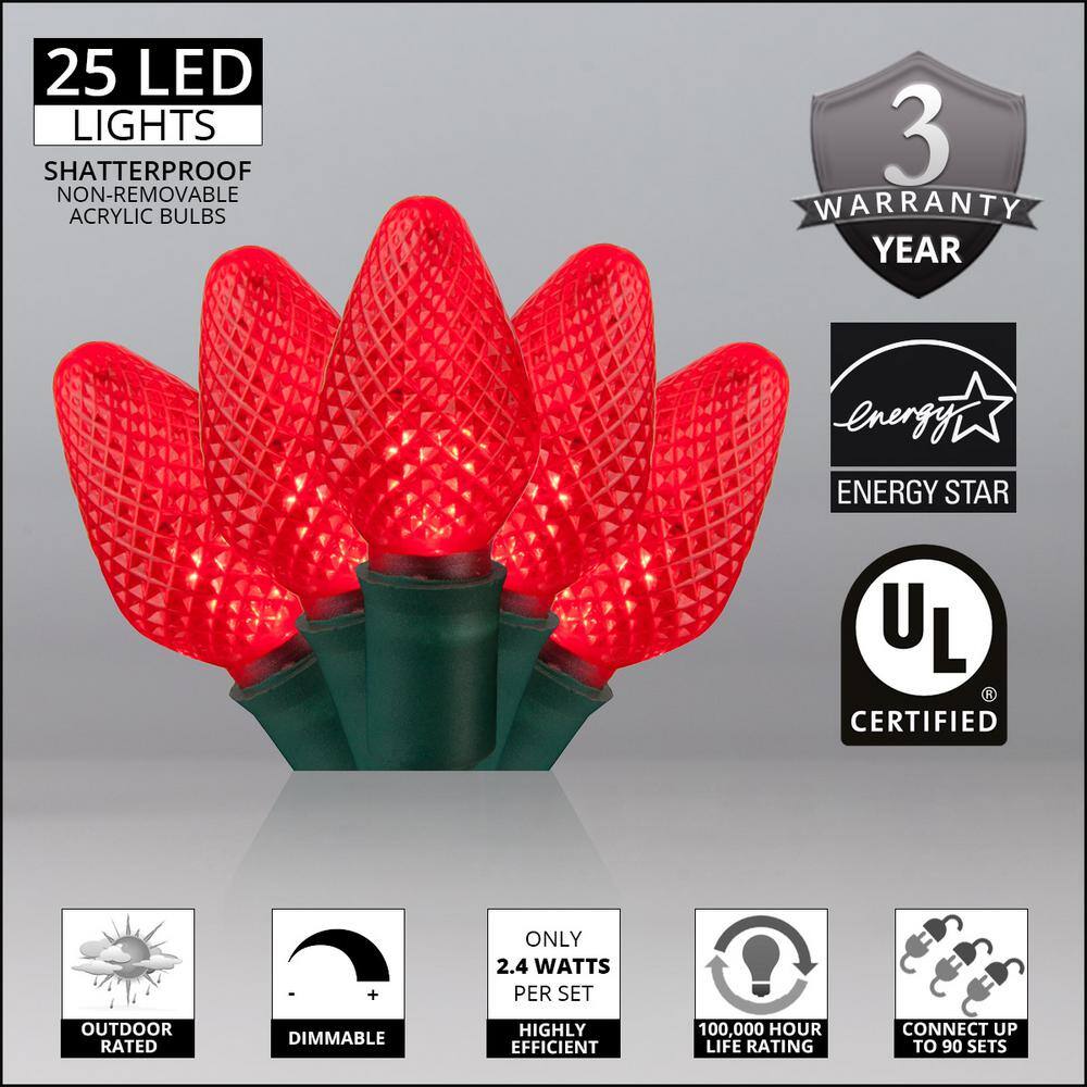 SuperBright 16 ft. 25-Light LED Red C7 String Light Set - Hercitys