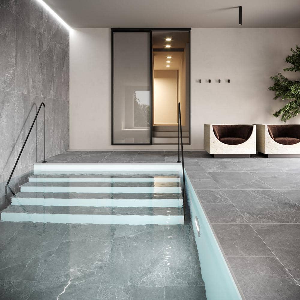 LithoTech 11.81 in. x 23.62 in. x 0.78 in. Silver Gray Matte Porcelain Floor Pool Coping Tile (1.93 sq. ft./Each) - Hercitys