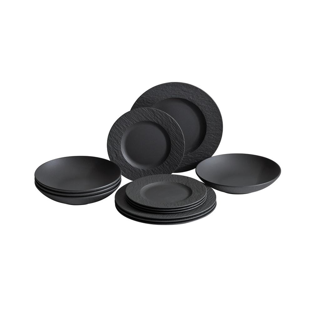 Manufacture Rock 12-Piece Black Service for Four Porcelain Dinnerware Set - Hercitys