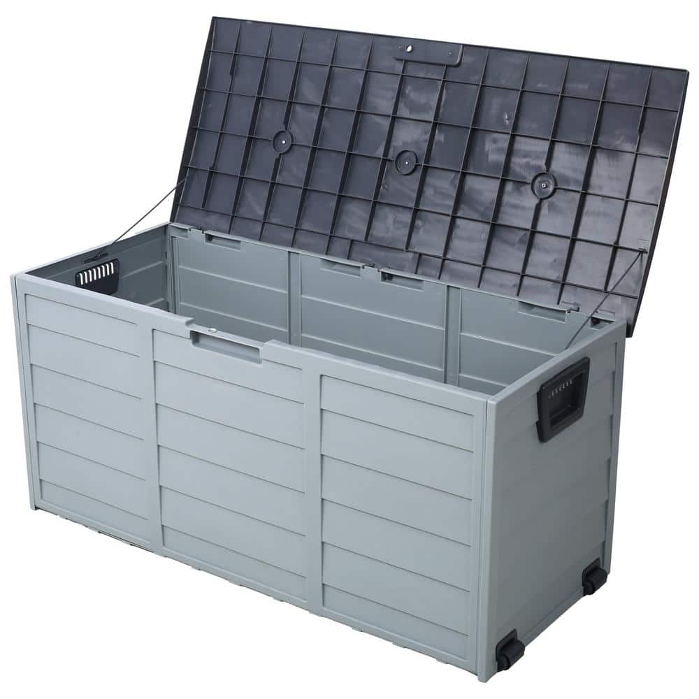 75 Gal. Gray Resin Deck Box, All Weather Storage Box w/ Wheel and Handle - Hercitys