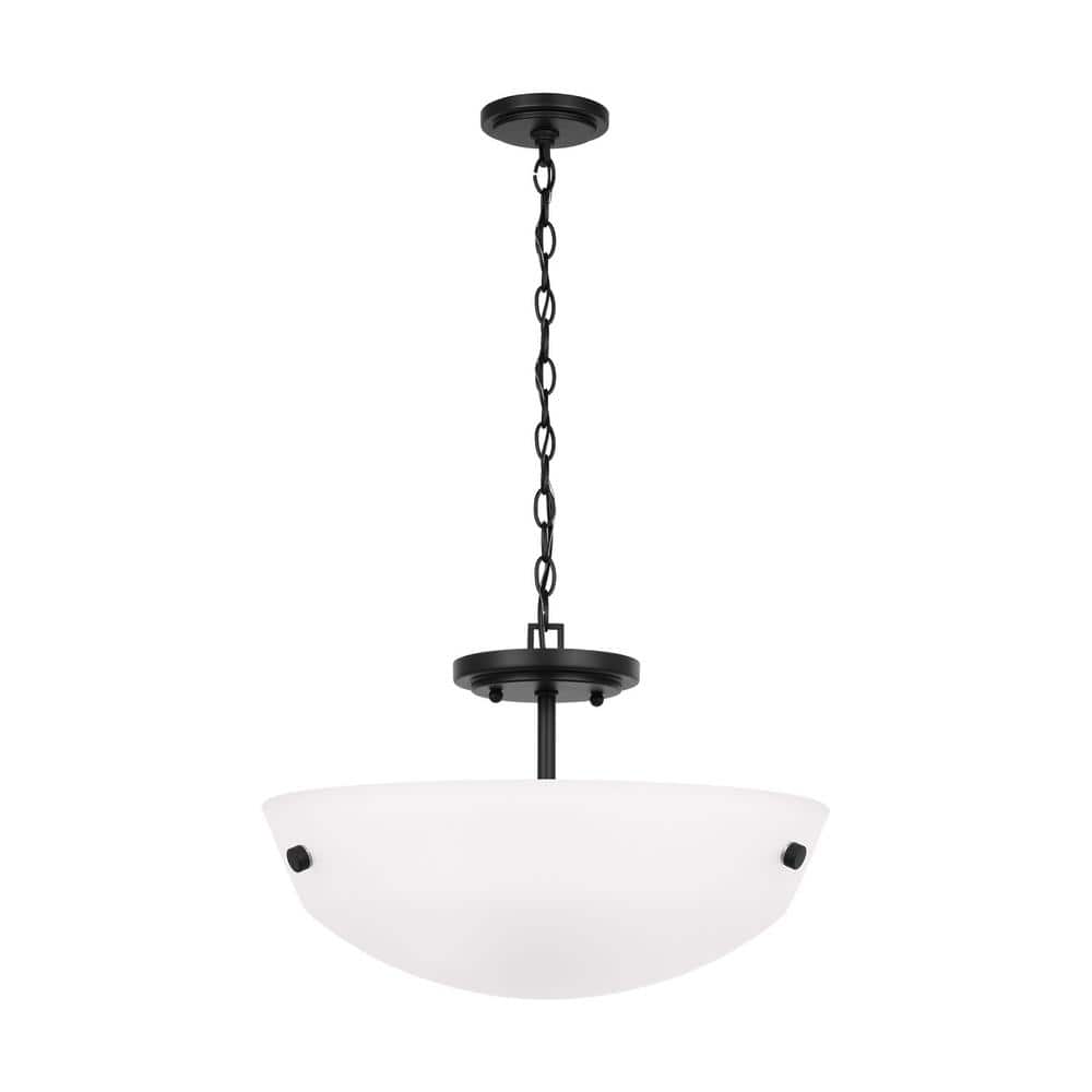 Kerrville 15 in. 2-Light Midnight Black Semi-Flush Mount Convertible Pendant Light with Satin Etched Glass Shade - Hercitys