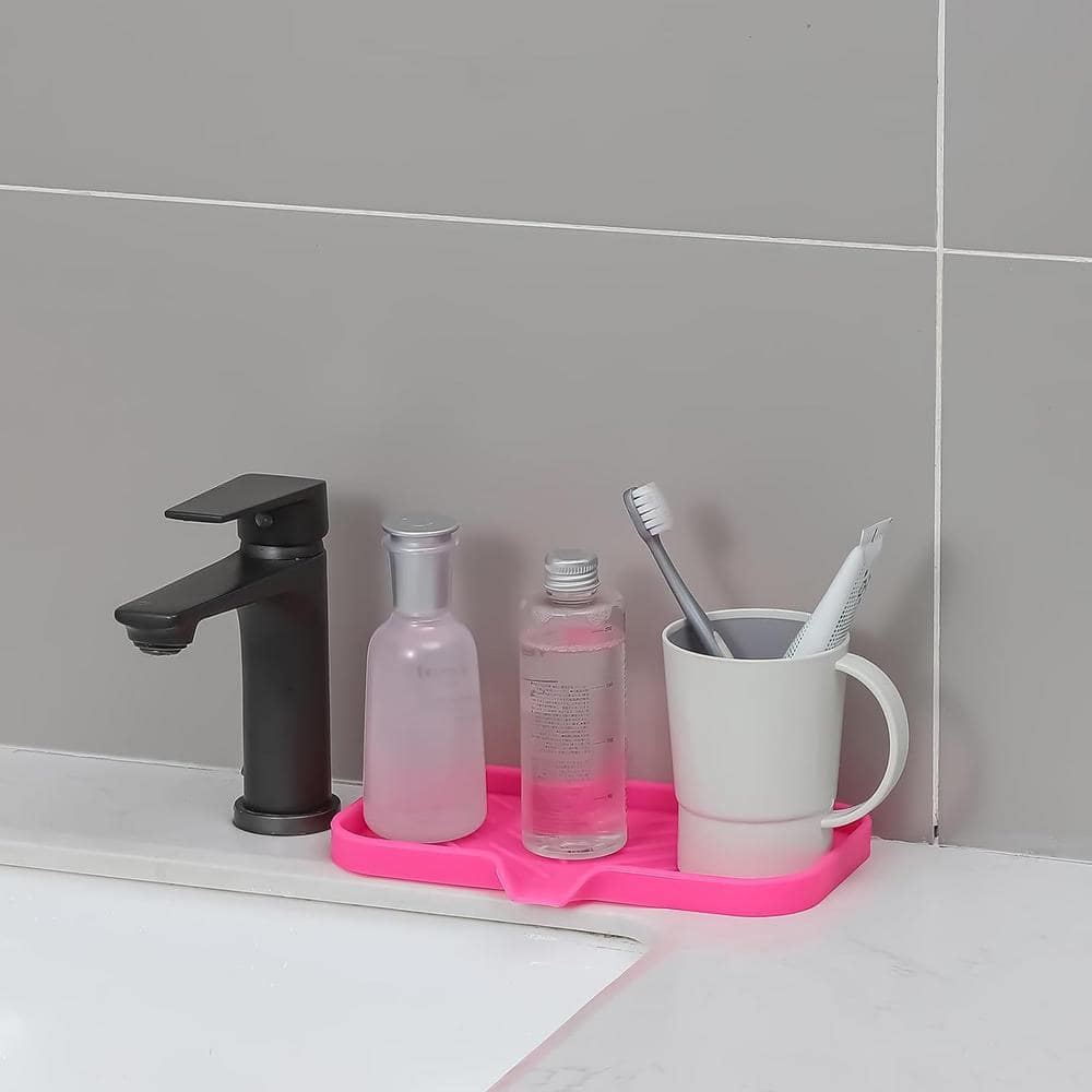 9.6 in. Silicone Bathroom Soap Dishes with Drain and Kitchen Sink Organizer Sponge Holder, Dish Soap Tray in Rose. - Hercitys