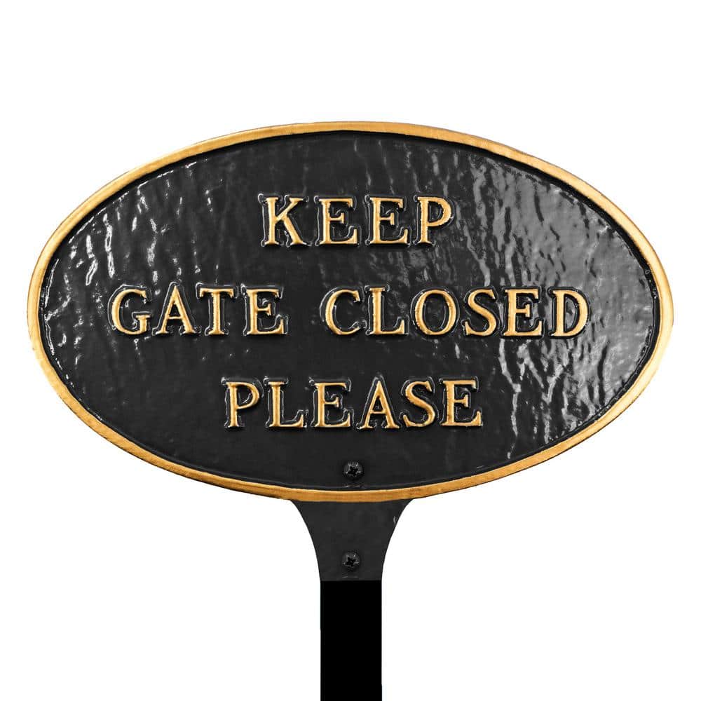 Keep Gate Closed Please Small Oval Statement Plaque with Lawn Stake Black/Gold - Hercitys