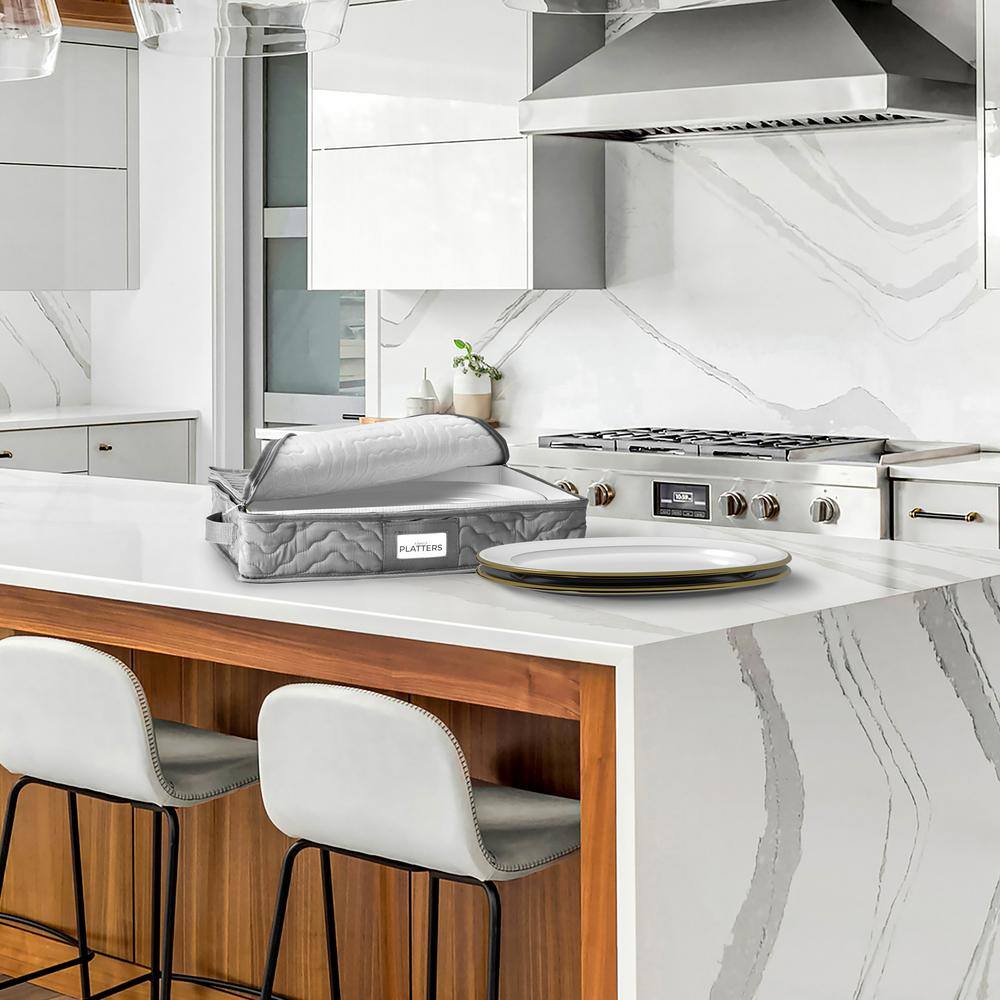 China Platter Storage Bin, Quilted Serving Platter Storage Container with Handles and Felt Dividers - Hercitys