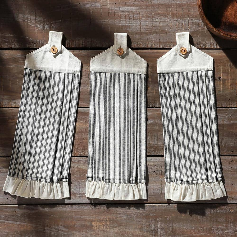 Sawyer Mill Black Ticking Stripe Button Loop cotton Blend Kitchen Tea Towel Set (Set of 3) - Hercitys