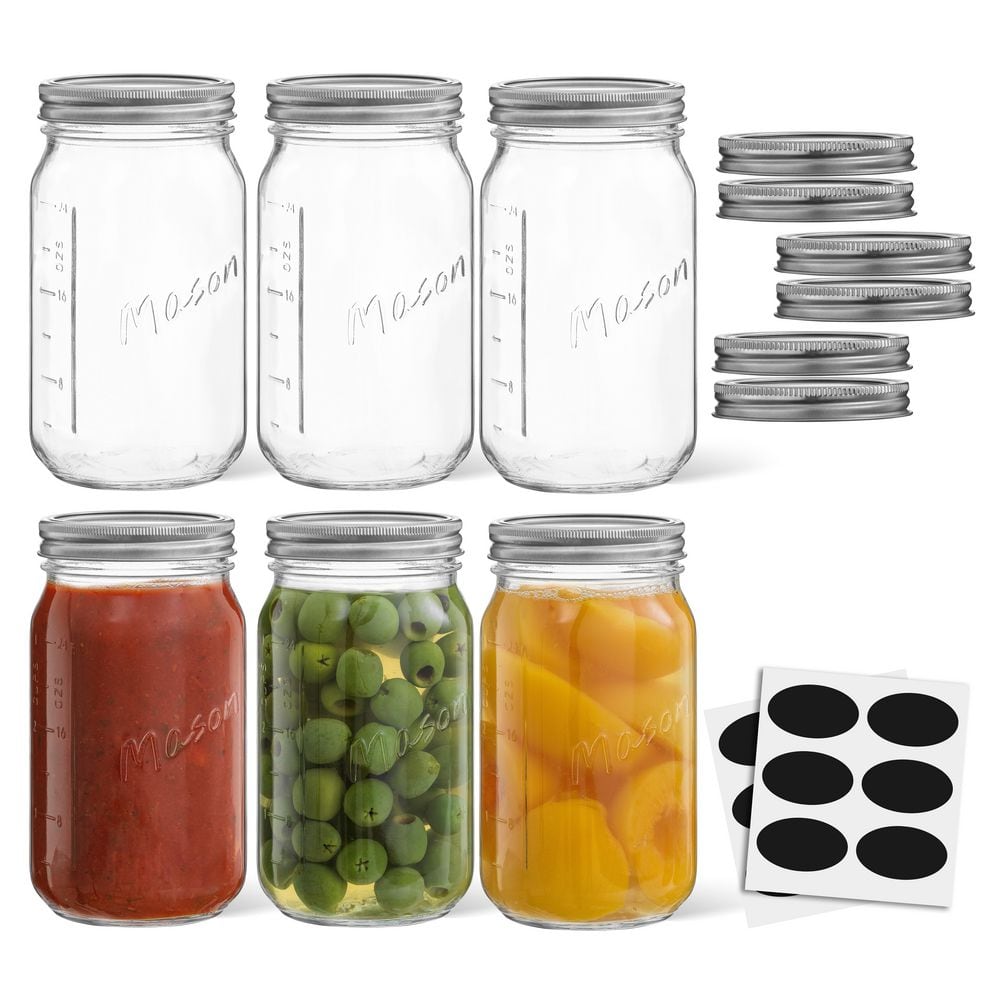 Wide Mason Jars with Airtight Lids, Labels and Measures, Lead Free Glass, 32 oz. Set of 6 - Hercitys