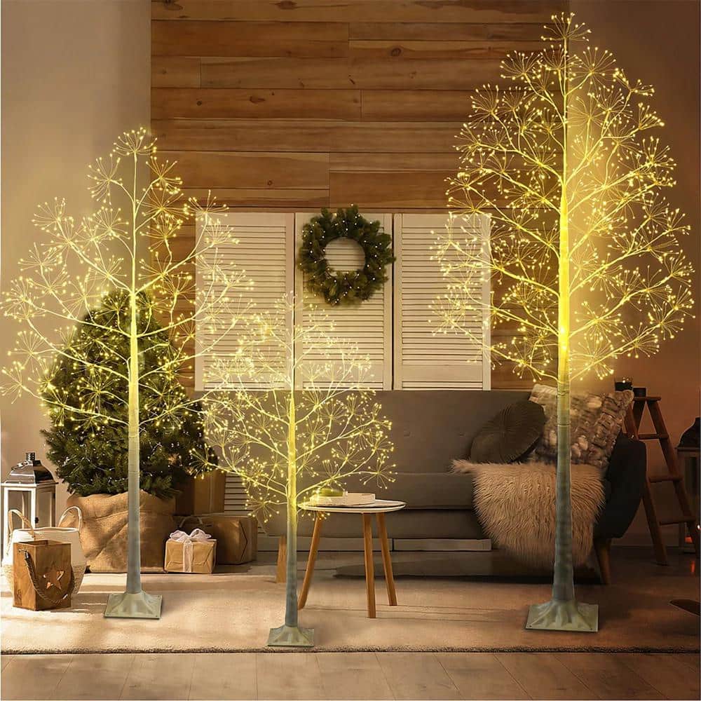 6/5/4 ft. Indoor/Outdoor Pre-Lit Artificial Christmas Tree Birch Tree with LED Lights (1 Set Contains 3 Sizes) - Hercitys
