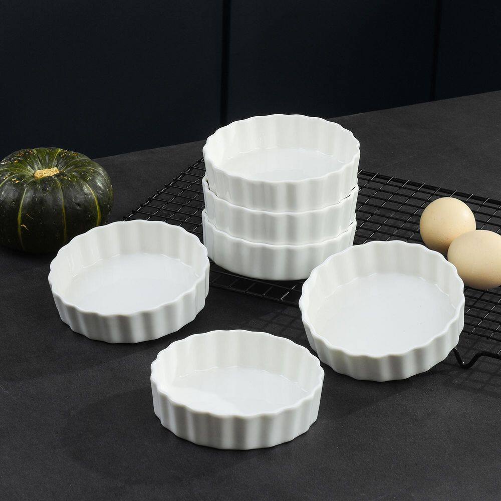 White Porcelain Baking Dishes 6-Piece Mini Ramekins Set Round Ramekins Dishes 8 oz. Creme Brulee Dish - Hercitys