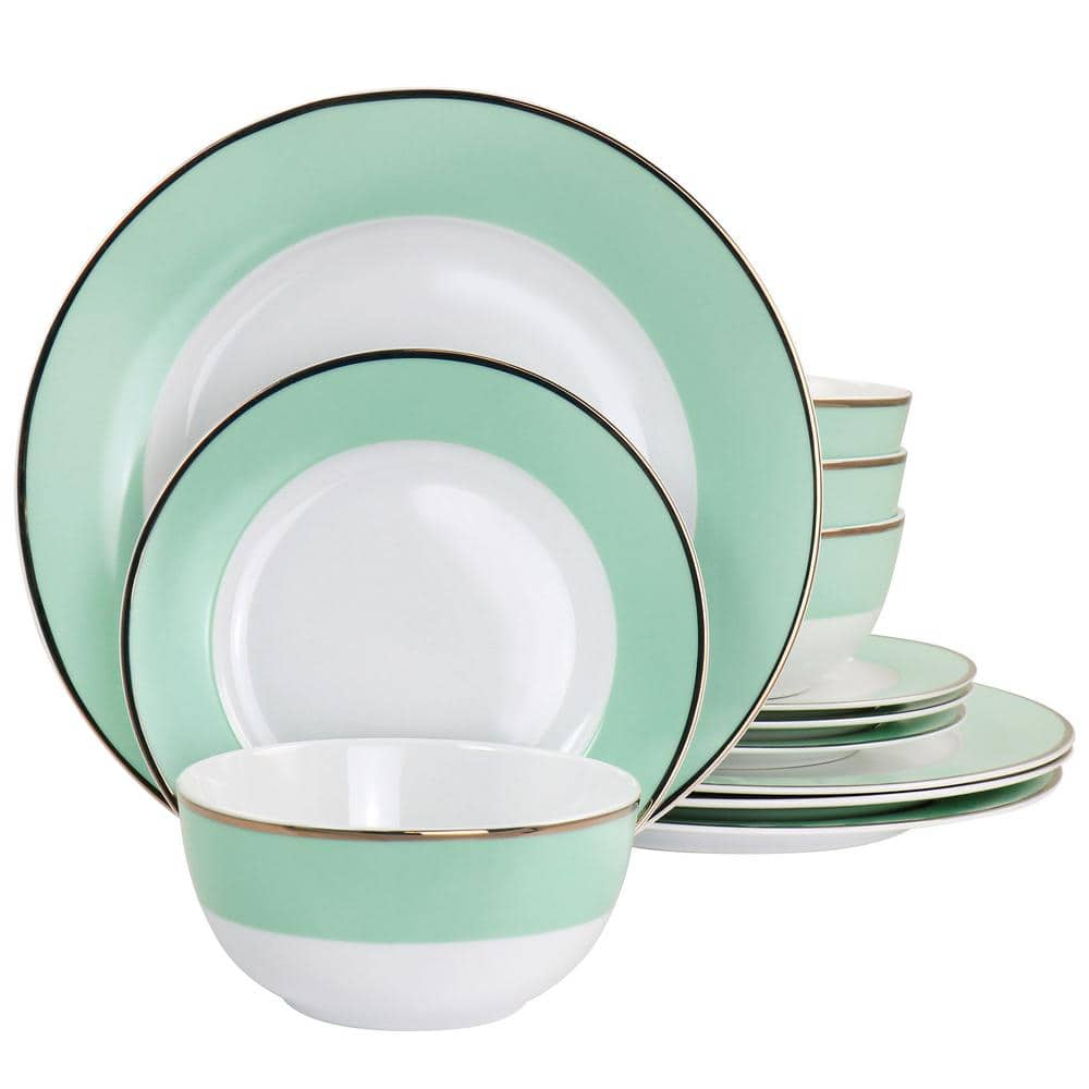Martha Stewart Gold Rimmed 12 Piece Fine Ceramic Dinnerware Set in Mint Green Service for 4 - Hercitys