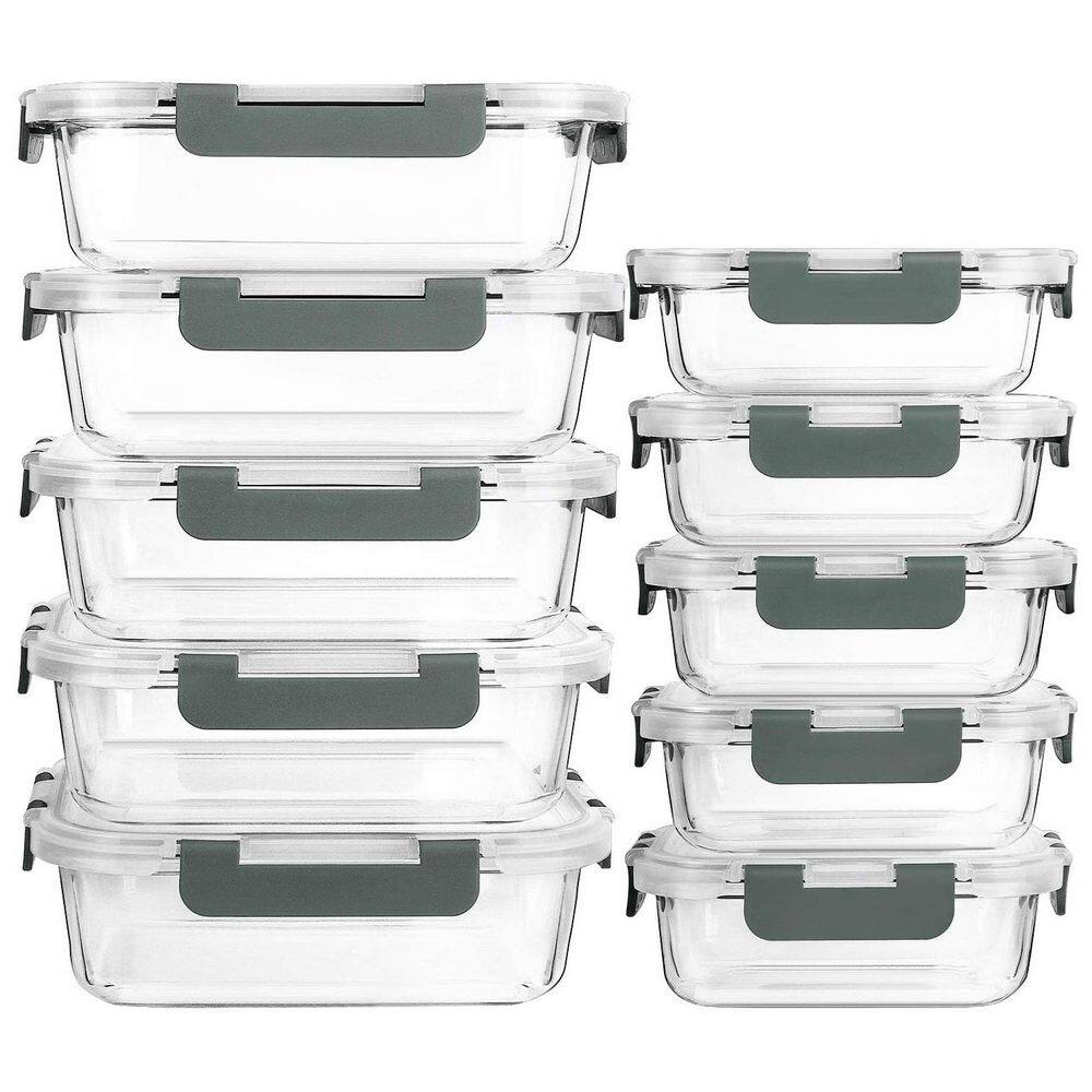 Glass Meal Prep Containers 10-Piece Set Airtight Snap Locking Lids Borosilicate Microwave Oven Dishwasher Food Storage - Hercitys