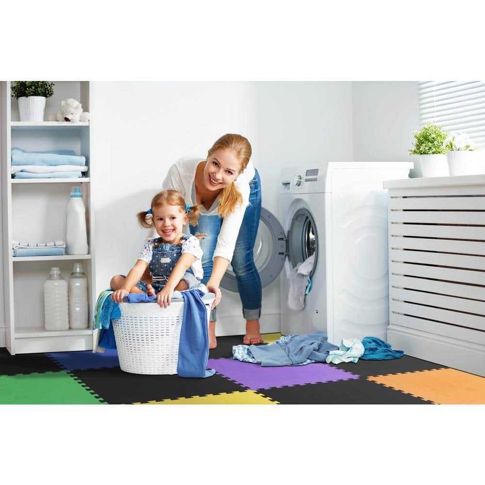 Black/Rainbow 24 in. x 24 in. x 0.51 in. Foam Interlocking Reversible Floor Mat (6-Pack) - Hercitys