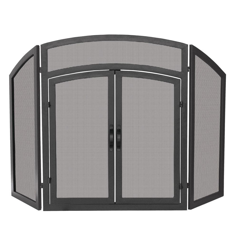 Black Wrought Iron 52 in. W 3-Panel Fireplace Screen with Doors and Arch Top Design - Hercitys