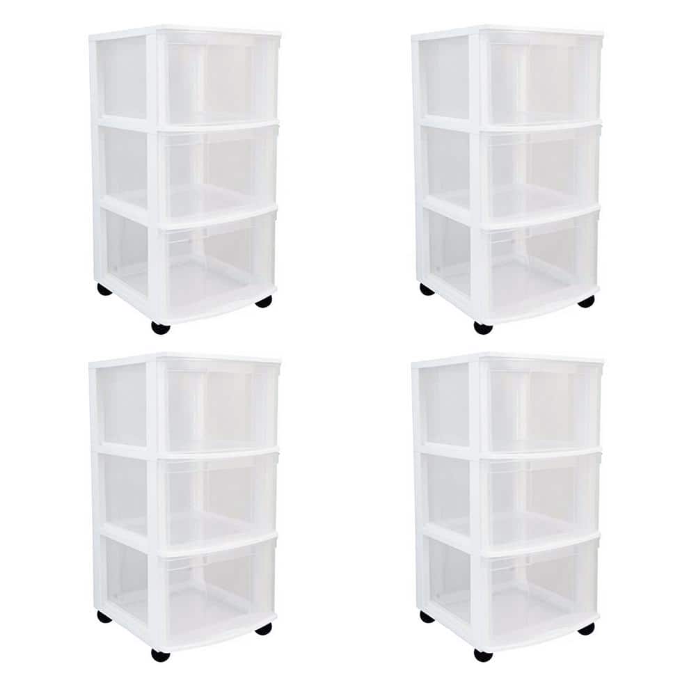 White Clear 3-Drawer Storage Chest System with Casters (4-Pack) - Hercitys