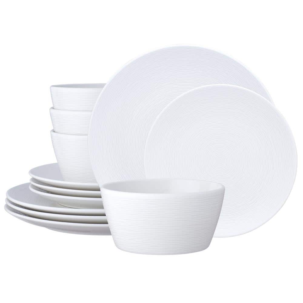 Colorscapes White-on-White Swirl 12-Piece (White) Porcelain Coupe Dinnerware Set, Service for 4 - Hercitys