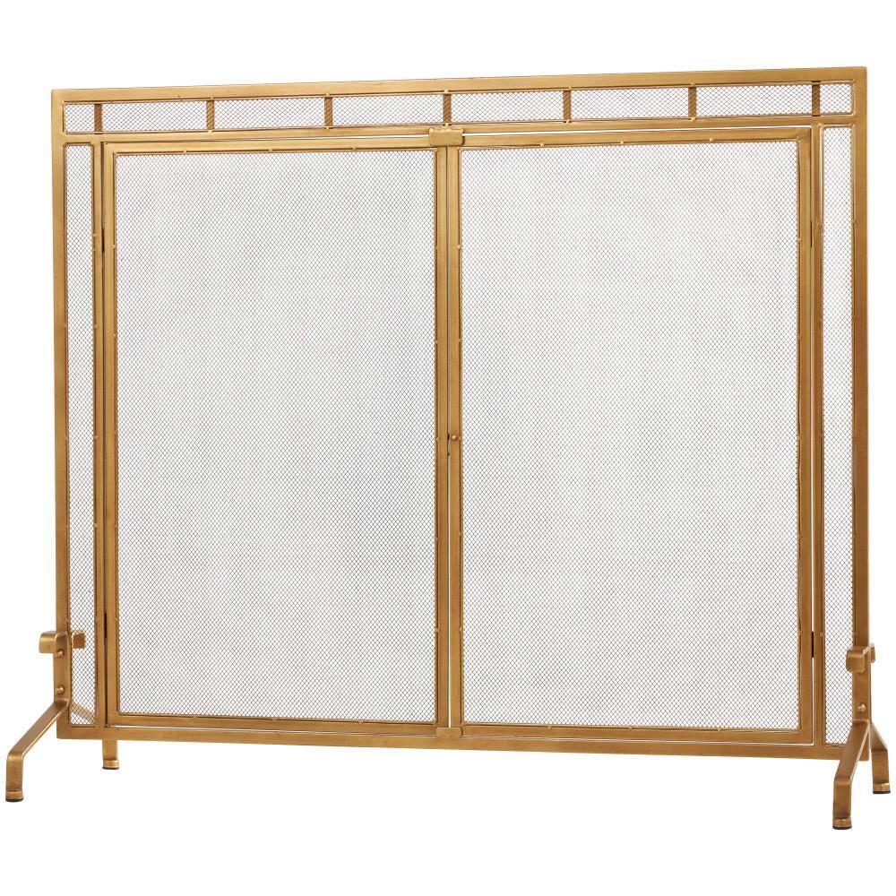 Gold Metal Geometric Single-Panel Fireplace Screen with Latched Doors and Arched Feet - Hercitys