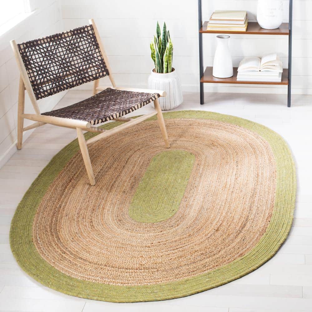 Braided Green/Natural 5 ft. x 7 ft. Oval Solid Border Area Rug - Hercitys