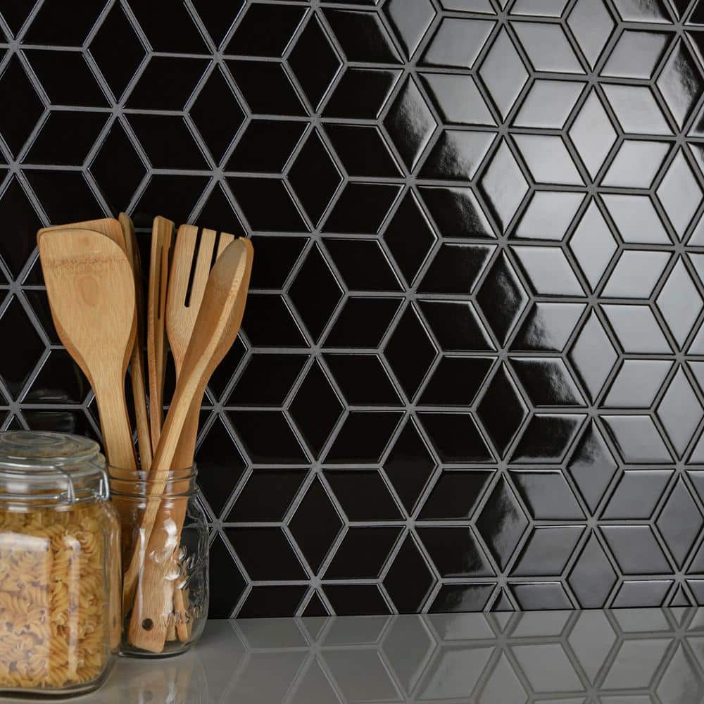Metro Rhombus Glossy Black 10-1/2 in. x 12-1/8 in. Porcelain Mosaic Tile (9.0 sq. ft./Case) - Hercitys