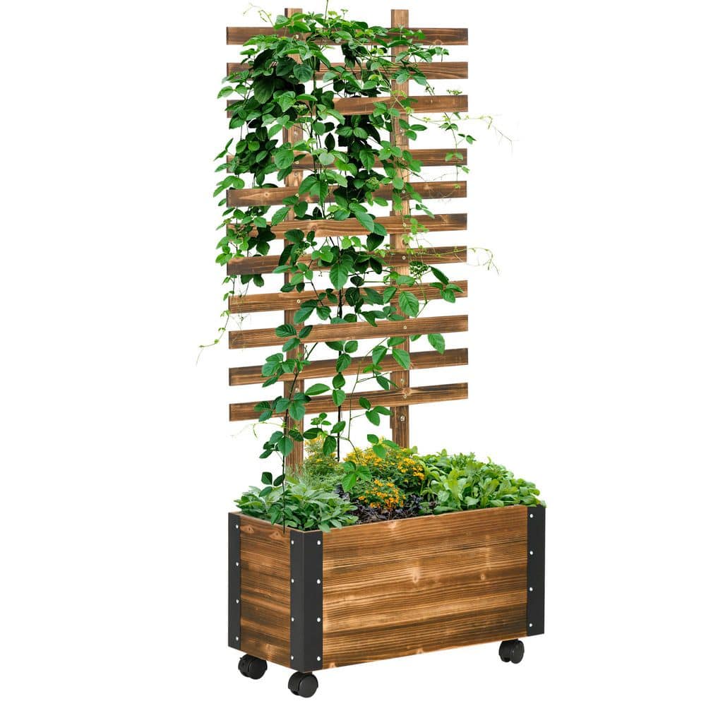 Raised Garden Bed with Trellis, 58 in. Outdoor Wooden Planter Box on Wheels for Vine Plants, Flowers & Climbing, Brown - Hercitys